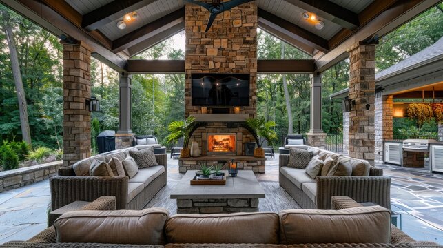 Tech-enhanced outdoor patio with weather-resistant entertainment system