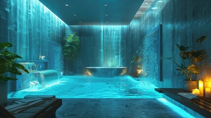 A luxurious spa room with neon light blue water features and tranquil atmosphere