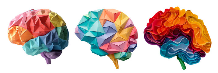 Colorful human brain origami paper cut style on white background - obrazy, fototapety, plakaty