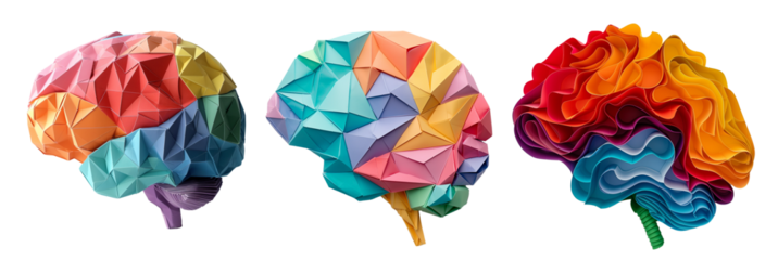 Colorful human brain origami paper cut style on white background