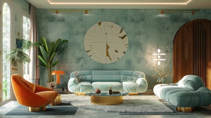 A modern art deco inspired living room with neon teal and gold accents