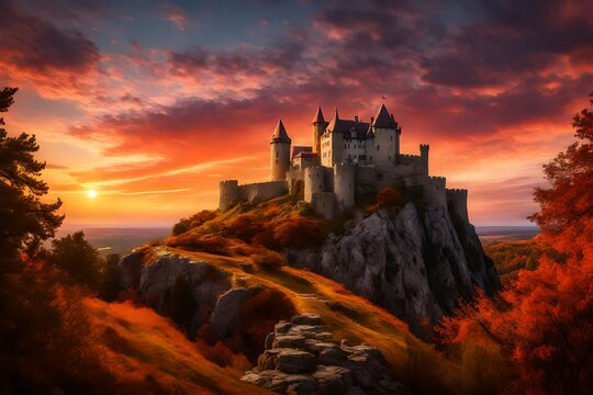 A medieval castle perched atop a rocky hill, framed by the colors of a stunning sunset sky.
