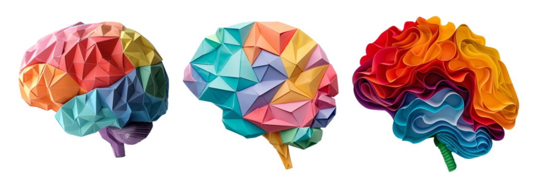 Colorful human brain origami paper cut style on white background