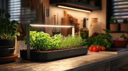 A smart indoor herb garden with LED grow lights - obrazy, fototapety, plakaty