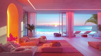 A summer beach house interior with neon coral lighting and breezy decor