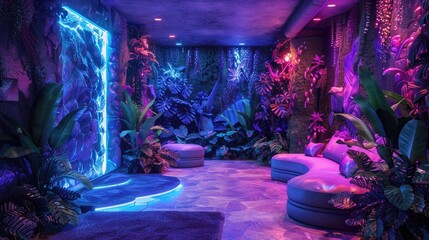 Adventure-filled jungle room with neon vines and exotic animals - obrazy, fototapety, plakaty