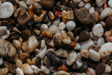 Sea stones of different colors on the shore in close-up
