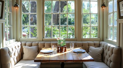 Charming breakfast nook with banquette seating and bright windows - obrazy, fototapety, plakaty