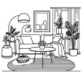 Sofa, chair and other furnitue. Line art sketch