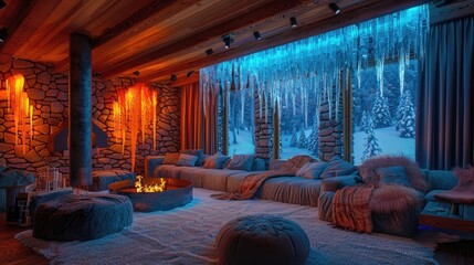 Cozy winter cabin with neon icicles and warm, inviting furnishings - obrazy, fototapety, plakaty