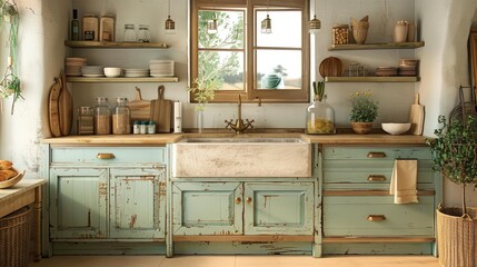 French country kitchen with pastel colors and farmhouse sink