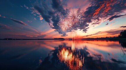 Fireworks show in sky by lake with water reflection for holiday celebration. - obrazy, fototapety, plakaty