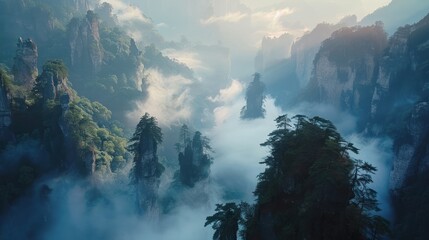 Mist-shrouded mountains loom ominously over dense forests.