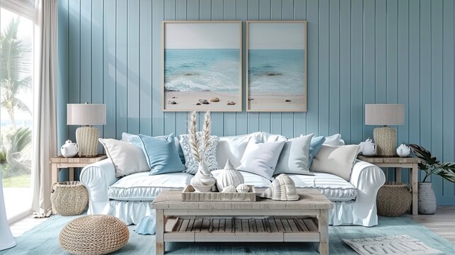 Coastal living room with light blue colors and seashell decor