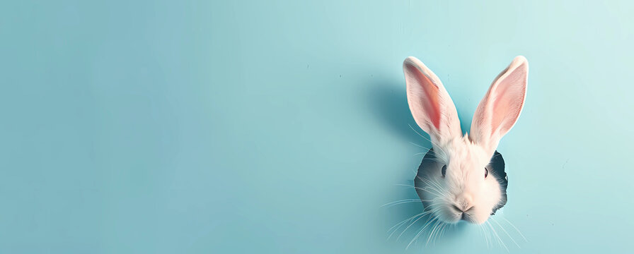 Naklejki Easter bunny ears sticking out of a hole on a pastel blue background