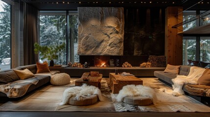 Luxurious winter chalet with warm woods and fur accents
