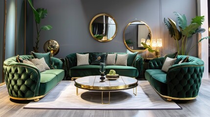 Luxurious living room with gold accents and plush velvet sofas