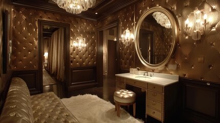 Old Hollywood glamour dressing room with vanity mirror and plush seating - obrazy, fototapety, plakaty