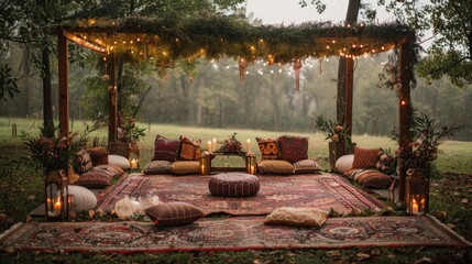 Outdoor Bohemian chic wedding setting with natural elements and whimsical touches