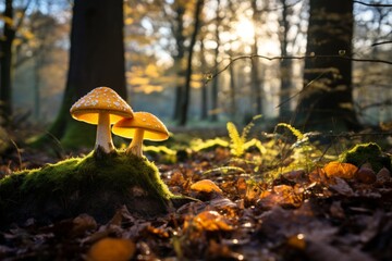 Fresh organic forest mushrooms growing in natural habitat for foraging and cooking purposes - obrazy, fototapety, plakaty