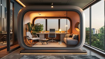 A compact home office pod with all necessary technology integrated - obrazy, fototapety, plakaty