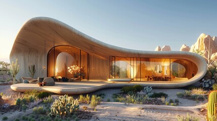 A desert oasis home with a self-sustaining ecosystem and water recycling system - obrazy, fototapety, plakaty