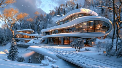 A futuristic chalet with heated driveways and walkways for snow-free access - obrazy, fototapety, plakaty