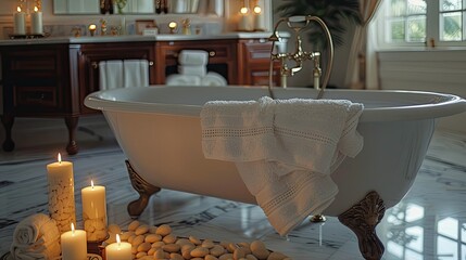 A luxurious bathroom with a clawfoot tub, scented candles, and soft, fluffy towels