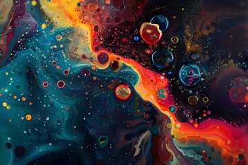 Abstract microscopic universe, super macro cosmic bodies, swirling galaxies, vivid colors