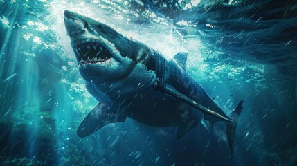 The majestic presence of a great white shark lurking beneath the ocean's surface.