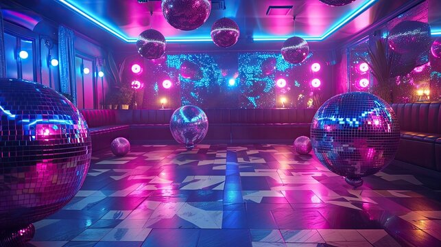 A festive party room with fun neon fuchsia lighting and disco balls