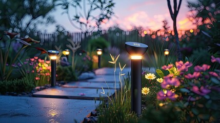 A solar-powered outdoor lighting system with motion sensors - obrazy, fototapety, plakaty