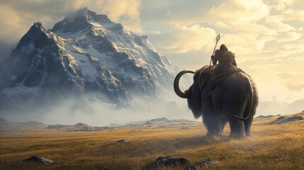 A warrior riding a mammoth in wild prehistoric times. Fantasy and surreal. - obrazy, fototapety, plakaty
