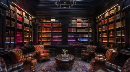 Deurstickers Classic English library with neon-lit bookcases and leather chairs © Gefo