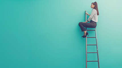 full length image businesswoman climbing ladder on teal color background professional photography.