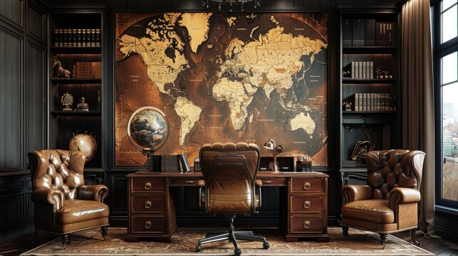 Classic study room with leather armchairs and world map wall decor