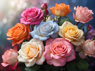 bunch of roses in various colors over romantic bokeh background 