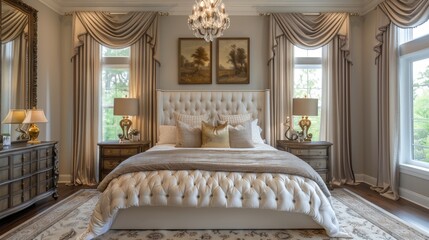 Opulent master bedroom with silk drapes and gold accents