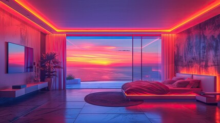 Seaside retreat room with soft neon lighting mimicking sunset