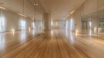 Serene and minimal yoga studio with bamboo floors and mirrored walls