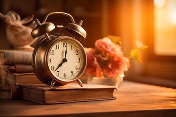 Vintage alarm clock on a weathered bedside table signaling the arrival of a new day - obrazy, fototapety, plakaty