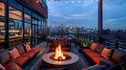 Stylish rooftop lounge with fire pit and city skyline views