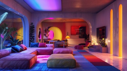 A modern art deco interior with neon geometric patterns and bold colors