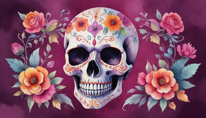 Watercolor Illustration Of Decorative Skull With Flowers On Magenta Background For Dia De Los Muertos