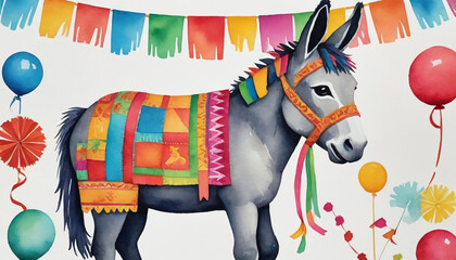 Obraz premium Photo Of Donkey Piã±Ata Watercolor With Papel Picado