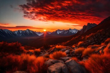 A dramatic sunset casting fiery hues over a rugged mountain range, painting the sky with vibrant colors.