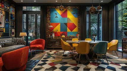 Art Deco inspired dining room with geometric patterns and bold colors