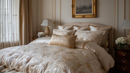 Luxurious gold embroidered bedding in an opulent master suite