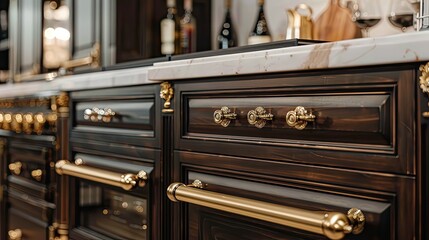 Opulent gold hardware on dark wood cabinetry in a gourmet kitchen
