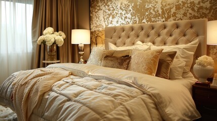 Sophisticated bedroom with gold leaf wallpaper and plush bedding